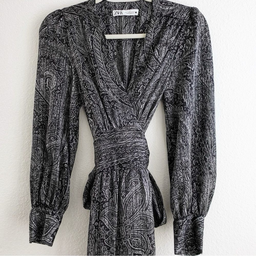 ZARA Paisley Print Grey/Black Maxi Tie Waste Dress Size S - Picture 8 of 14